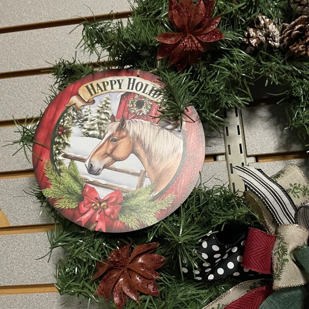 Holiday Horse Christmas Wreath, Farmhouse Decor, Pinecones, Bows, Happy Holidays